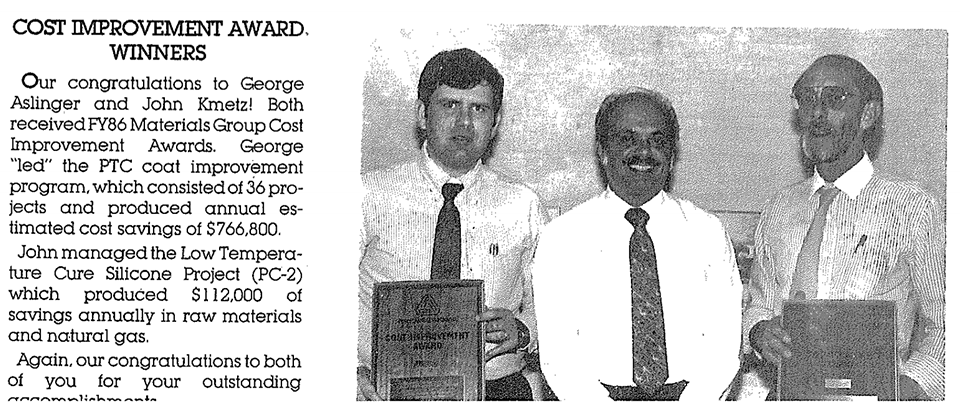 Clipping from an internal newsletter announcing the Cost Improvement Award Winners, 1986